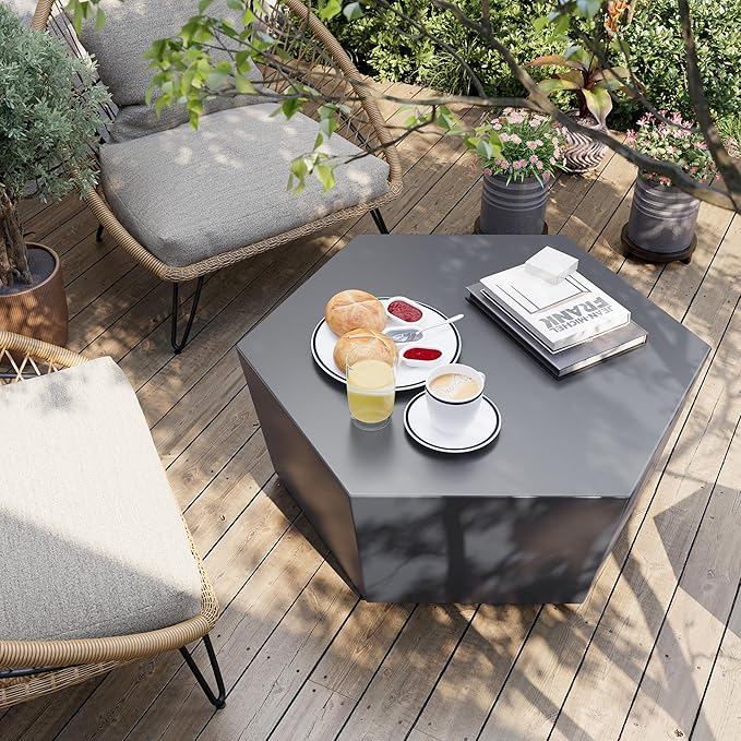UPHA Outdoor Hexagon Coffee Table, Small Modern Minimalist Accent Tables, Low Light Concrete Center Table for Living Room, Outside Patio, Deck, 35×30.7×15, Dark Gray