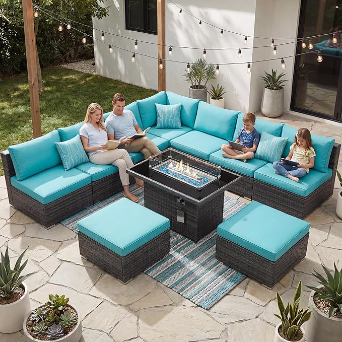 NICESOUL 10 Piece Modern Outdoor Furniture Set with Natural Gas/Propane Fire Pit Table, 29.3'' High-Back Extra Large Patio Sectionals with Firepit, Deep Wide All-Weather Rattan Sofas, Turquoise & Gray