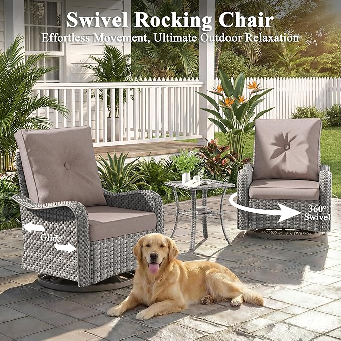 2-Seat Modern Patio Furniture Set with Swivel Rocking Chairs, Thick 4″ Cushions, Dual-Strand Wicker Rattan, Rust-Resistant Steel Frame – Outdoor Conversation & Modular Sectional,Beige