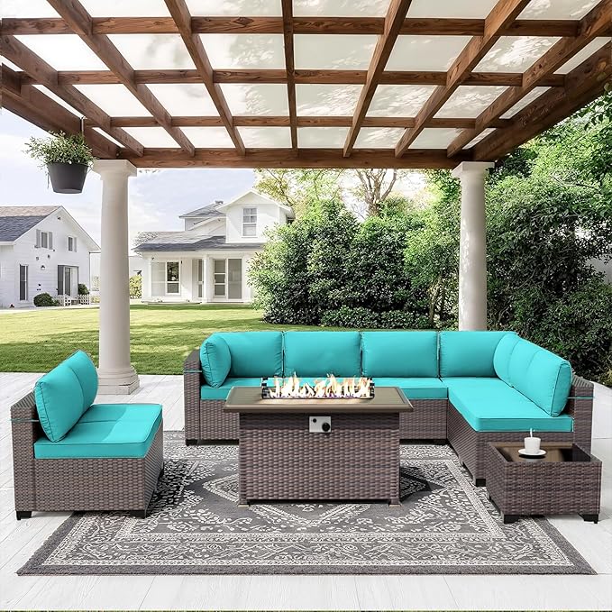 ALAULM 10 Pieces Outdoor Patio Furniture Set with Propane Fire Pit Table Outdoor Sectional Sofa Sets Patio Furniture 43" Gas Fire Pit PE Rattan Patio Conversation Set w/8 Seat Cushions (Turquoise)