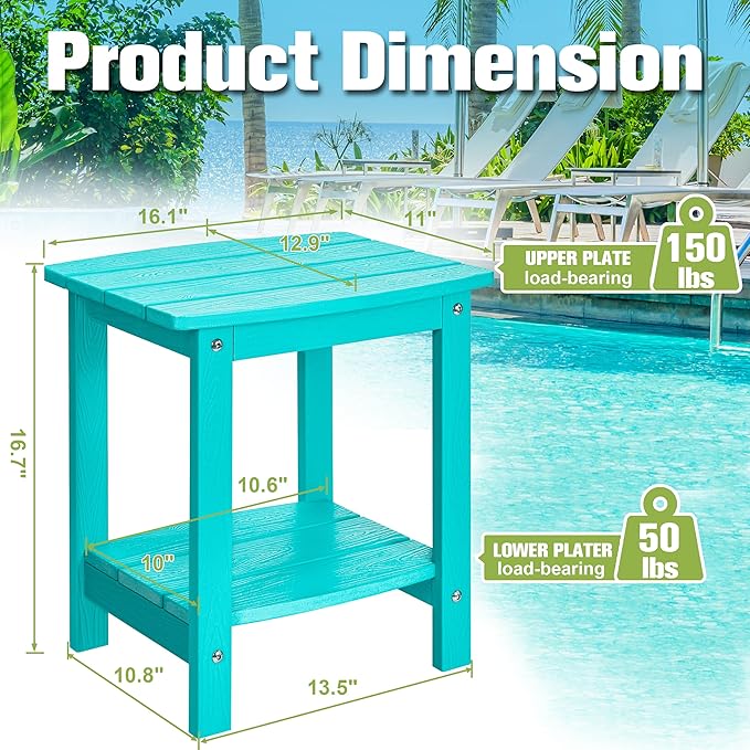 Y&M Outdoor Side Table, HIPS Adirondack Small Double Layer Table, Waterproof Square Balcony Modern End Tables for Patio, Pool, Beach, Porch, Deck, Indoor or Outdoor Use, Aruba Blue