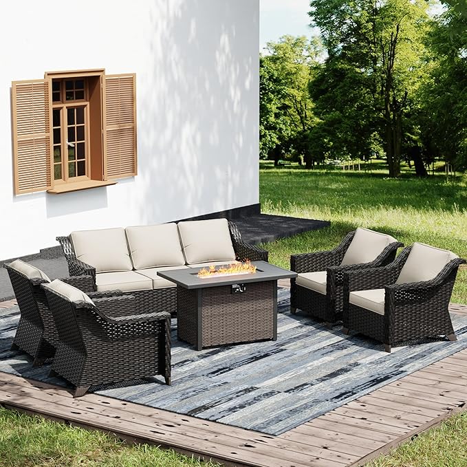 Joyside Wicker Patio Furniture Sets, 6 Pieces Upgraded Large Size Outdoor Furniture with 4 Swivel Rocking Patio Chairs, 3-Seat Sofa, Fire Table,Thick Cushions, Wide Armrest, Beige