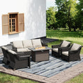 Joyside Wicker Patio Furniture Sets, 6 Pieces Upgraded Large Size Outdoor Furniture with 4 Swivel Rocking Patio Chairs, 3-Seat Sofa, Fire Table,Thick Cushions, Wide Armrest, Beige