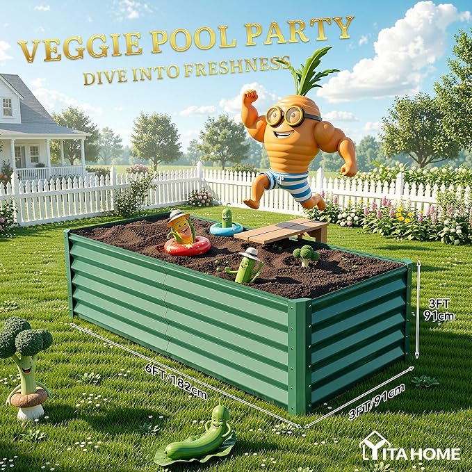 YITAHOME 6x3x3ft Large Raised Garden Bed Kit, Galvanized Metal Planter Box with Gloves, Support Rod, Outdoor Above Ground Planters for Plants Vegetables Flowers, Green