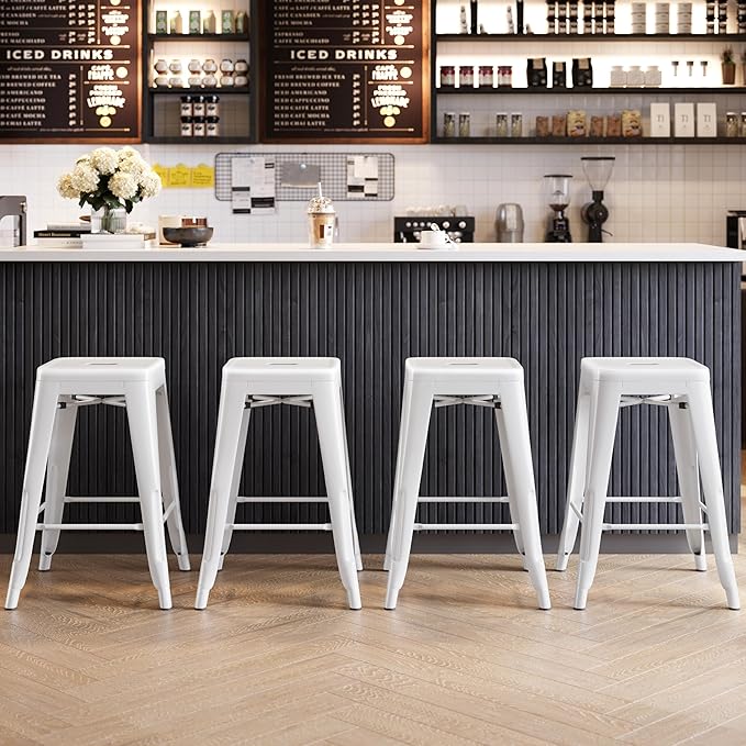 Yaheetech 24 Inch Metal Barstools Set of 4, Counter Height Backless Stools, Industrial Stackable Bar Chairs with Footrest for Kitchen/Dining Room/Bistro/Patio, White