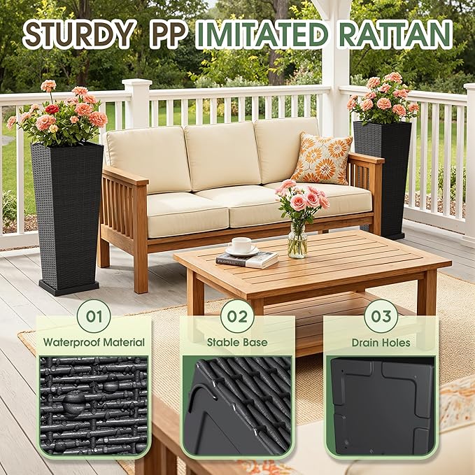 Set of 2 32 Inch Tall Plastic Planters with Drainage Saucers, Rattan Pattern UV Resistant Indoor Outdoor Flower Pots for Patio Garden Balcony Decor, Black