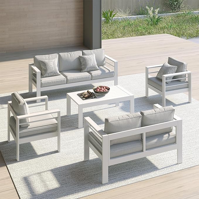 Kiss the Water Outdoor Couch Aluminum Patio Furniture Sofa, 3 Seat All-Weather Metal Patio Couch with 5" Thick and Soft Cushion and Wide Arm, Outdoor Sofa for Balcony, Porch