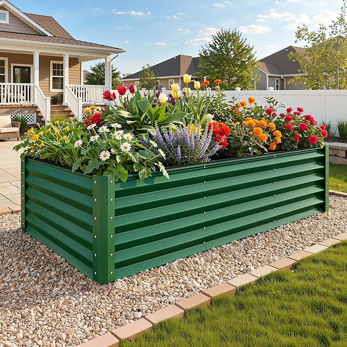 YITAHOME 8x4x3ft Large Raised Garden Bed Kit, Galvanized Metal Planter Box with Gloves, Support Rod & Safety Rubber, Outdoor Above Ground Planters for Plants Vegetables Flowers, Green