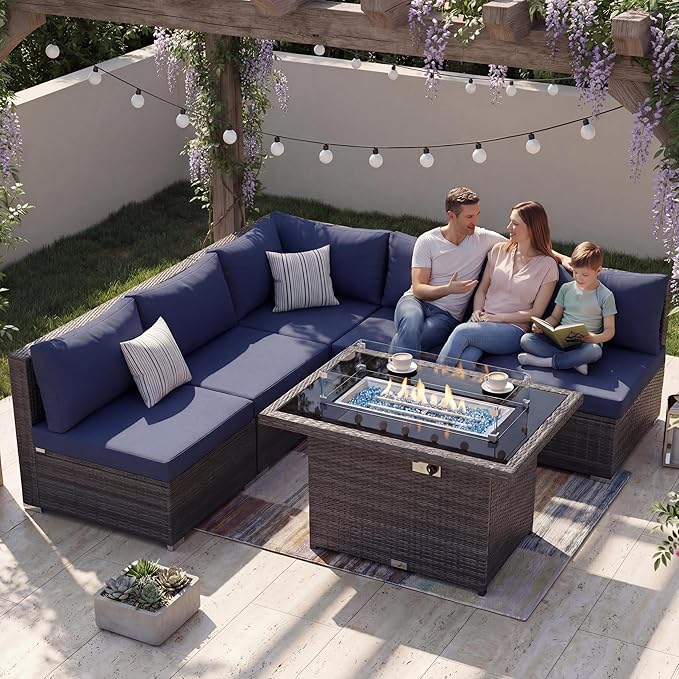 NICESOUL 6 Piece Modern Wicker Patio Furniture Set with Firepit Natural Gas/Propane, 29.3'' High-Back Deep Wide Seat Outdoor Conversation for Backyard, Oversized Sofa Couch, 2 Color Cushion Navy&Gray