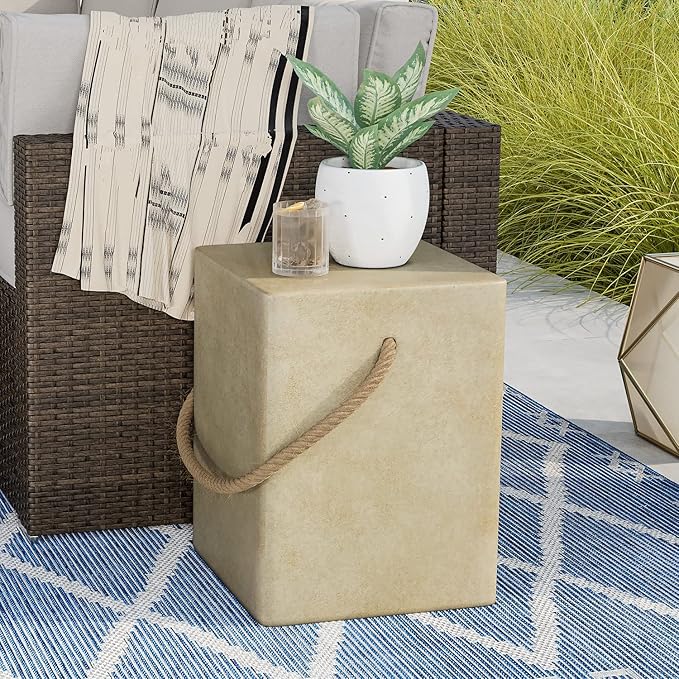 COSIEST Set of 2 Concrete Side Table, Rectangular Outdoor Side Table w Hemp Rope Handles,15''Patio Side Tables End Table, Outdoor Accent Side Table for Garden and Patio, Beige