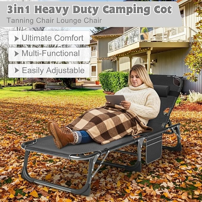 ABORON Heavy Duty Tanning Chair,Outdoor 5-Position Folding Chaise Lounge Chair with Pad,Portable Beach Lounge Chair for Outdoor Sunbathing Patio Pool Lawn Deck Poolside