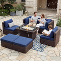 NICESOUL 7 Pcs Patio Conversation Set with Fire Table Natural Gas & Propane, 29.3'' High Backres Outdoor Sectional Sofa Sets, Large Deep Sitting Furniture for Exteriors, Brown Rattan and Blue Cushion