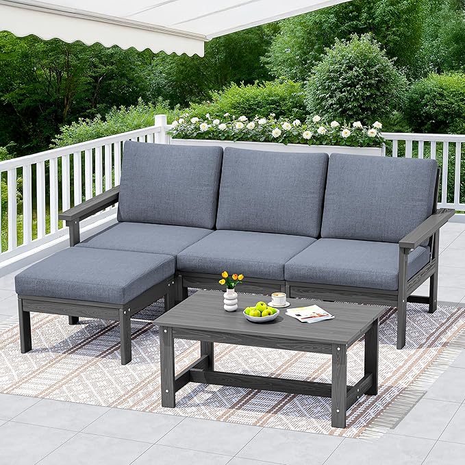 SERWALL Outdoor Sectional Sofa Set, 5-piece Outdoor Modula Couch Set with Ottoman, All Weather Patio Furniture Set with Chaise for Deck, Lawn, Gray Frame with Gray Cushion
