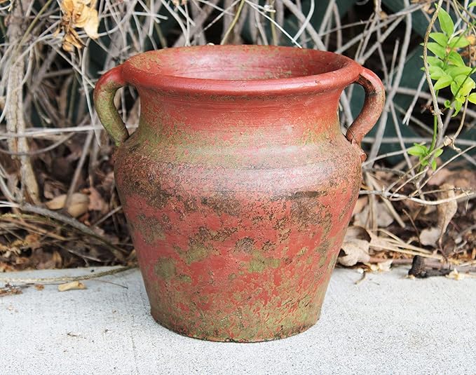 Egyptian Era Designed Earthen Ware Terra-Cotta Vessel/Planter with Looped Handles (Flared Lip Distressed Red Earth)
