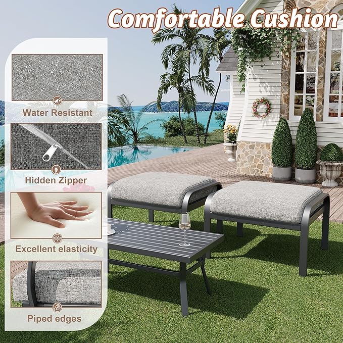 HOMREST Metal Outdoor Ottoman, 3-Piece Aluminum Footstool w/Removable Cushion, Multipurpose Footrest Stool with Coffee Side Table Additional Seating, Set of 3 Outdoor Ottomans for Patio Deck (Grey)
