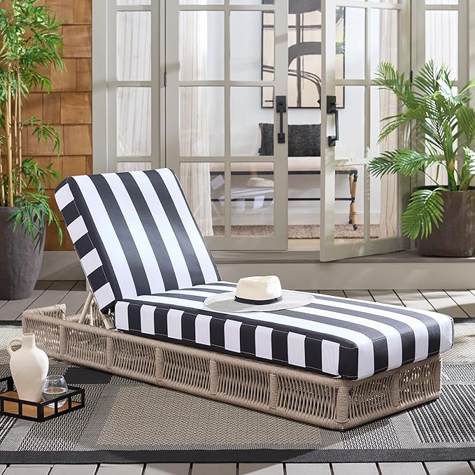 SAFAVIEH Outdoor Patio Furniture Collection - Gillian Heather Tan Rope Daybed, Black Stripe Cushion, Coastal Sunlounger, Fully Assembled (PAT7527E)