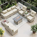 10-Piece Outdoor Patio Furniture Set with Rocking Swivel Chair, PE Wicker Rattan Sectional Sofa Patio Conversation Set with 55,000 BTU Fire Pit Table & Coffee Table, White