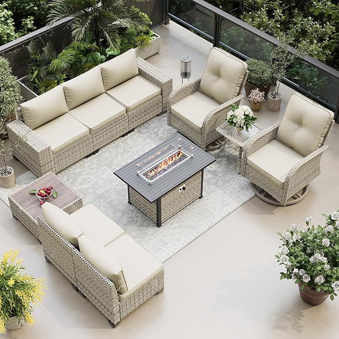 10-Piece Outdoor Patio Furniture Set with Rocking Swivel Chair, PE Wicker Rattan Sectional Sofa Patio Conversation Set with 55,000 BTU Fire Pit Table & Coffee Table, White
