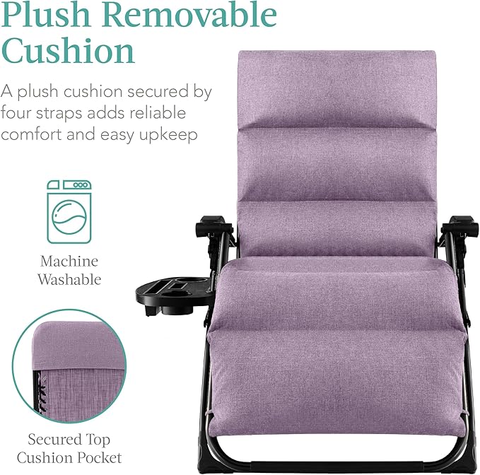 Best Choice Products Oversized Zero Gravity Chair, Folding Outdoor Patio Recliner, XL Anti Gravity Lounger w/Removable Cushion, Cup Holder, Side Tray, 350lb Capacity - Lavender