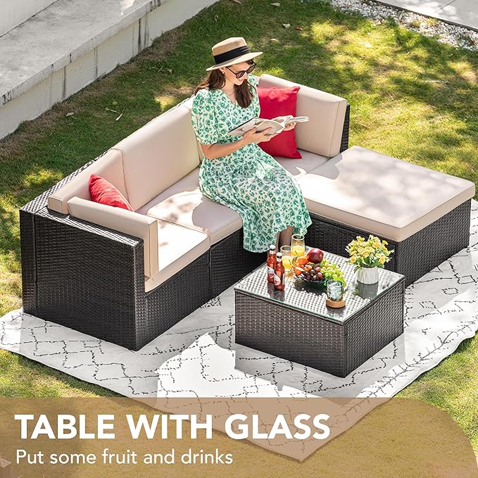 Devoko 5 Pieces Patio Furniture Sets All Weather Outdoor Sectional Patio Sofa Manual Weaving Wicker Rattan Patio Seating Sofas with Cushion and Glass Table (Beige)