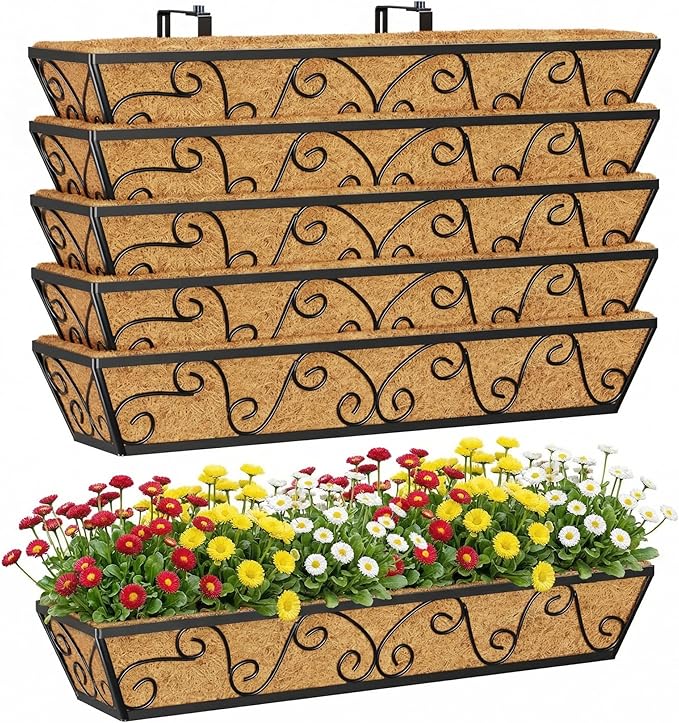 Y&M 30 Inch Window Deck with Coco Liner, Fence Metal Hanging Flower Planter Window Basket Deck Railing Planter Boxes for Outdoor Garden Lawn-Butterfly, 6pcs