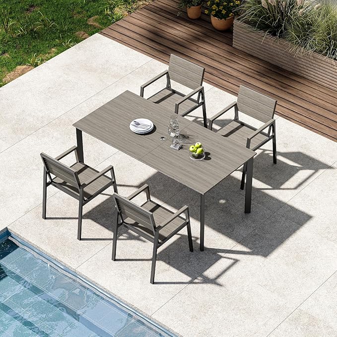 Outdoor Patio Dining Set for 4，Aluminum & HDPS Patio Table and Chairs Set with Umbrella Hole, Modren 5 Peice Patio Furniture Set, All-Weather Dining Table and 4 Chairs (Classic Gray)