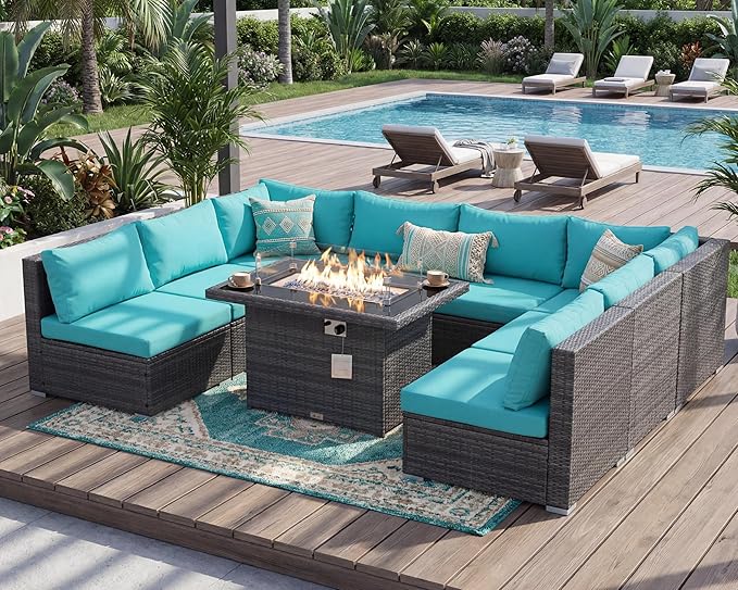 NICESOUL Extra Large 9 Piece Patio Furniture Set with Fire Pit Table Natural Gas & Propane, 29.3'' High Back Rattan Outdoor Conversations, 8 Seater Modular Sofa Set, 2 Color Cushions Turquoise & Gray