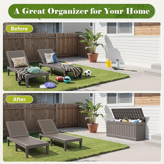 Flamaker Outdoor Storage Box 80 Gallon Resin Waterproof Deck Box Delivery Box with Wood Texture Large Storage Bin for Patio Cushions (Light Brown)