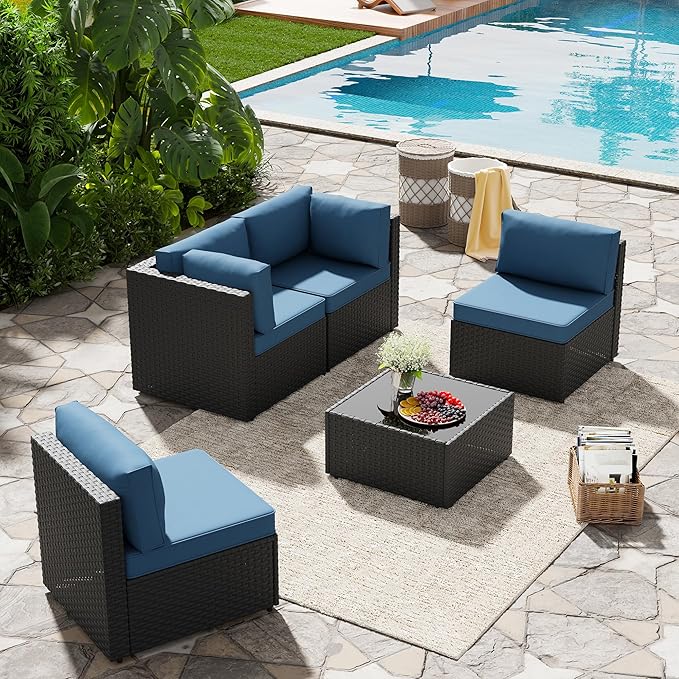 SUNLEI 5 Piece Patio Furniture Sets, Low Back All-Weather Rattan Sectional Sofa with Tea Table&Washable Couch Cushions, Patio Furniture Sets, Black Rattan