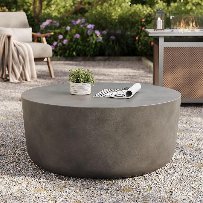 Modway Brion 34 Inch Round Concrete Coffee Table – Indoor/Outdoor Tapered Cylinder Coffee Table – Low Center Table for Living Room or Patio in Gray