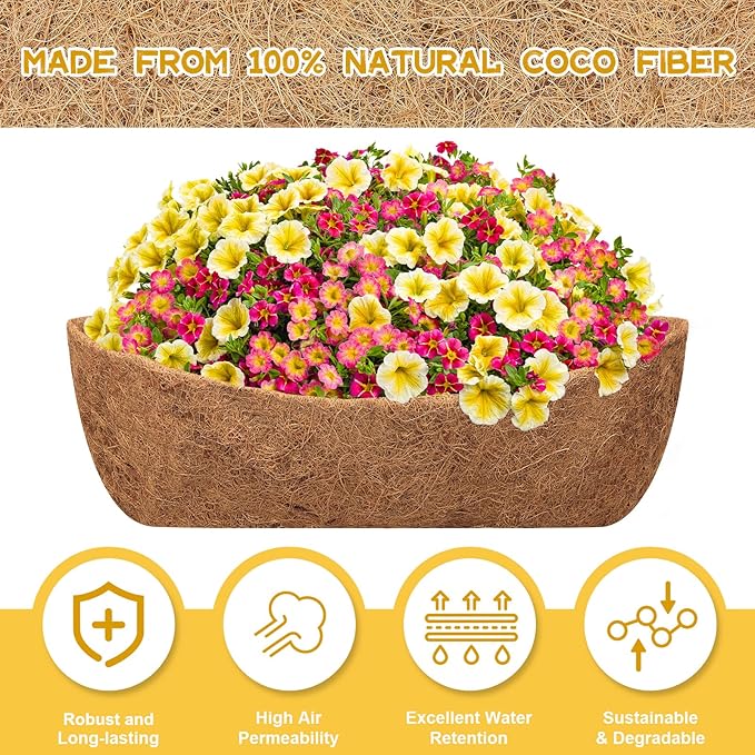 Riare 2 Pack 24 Inch Trough Coco Coir Liners for Planters, Pre-Formed Coconut Coir Replacement Liner Natural Coco Fiber Window Box Liners for Wall Planter, Window Basket Deck Railing Planter