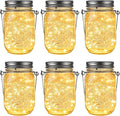 GIGALUMI Hanging Mason Jar Solar Lights, 6 Pack 30 Led Tinplate Lids Hanging Solar Lanterns Outdoor Waterproof, Hangers and Jars Included, Outdoor Decor for Balcony, Garden, Patio, Yard, Wedding