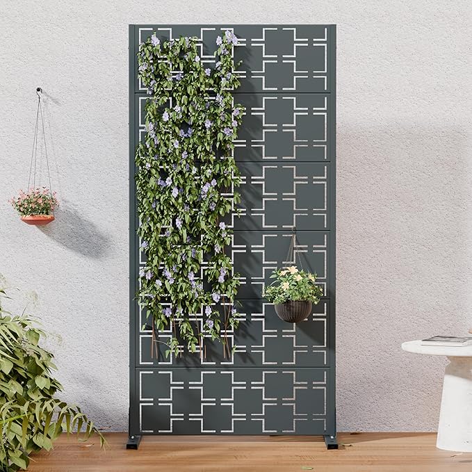 Casaphoria Metal Privacy Screen Outdoor, 60" H x 30" W Freestanding Decorative Privacy Screen for Patio Deck Balcony Garden with Stable Base, Darkgray-Square