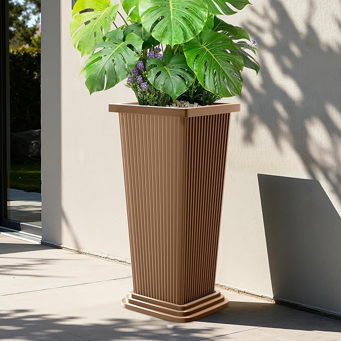 Set of 2 Large Planters for Outdoor Plants 24" Tall Tapered Modern Flower Pots with Drainage Tray for Garden, Patio, Porch (Brown Ribbed)