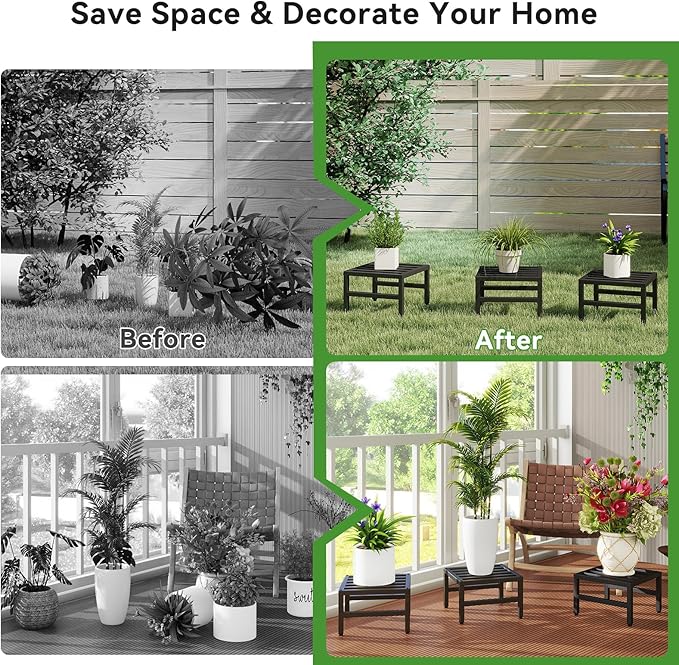 IBUYKE 3 Pack Metal Plant Stand Indoor Outdoor, Heavy Duty Small Flower Pot Stand, Modern Square Plant Shelf Flower Stand for Living Room Patio Balcony Garden, Black TMJ075B-3