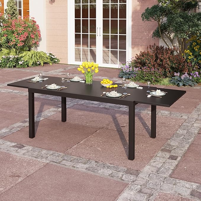 PHI VILLA Extra Large Expandable Patio Dining Table 99.2" × 35.5" Metal Outdoor Table for 6-10 Person, Metal Outdoor Dining Table with E-Coating for Garden Deck Yard- (Black)