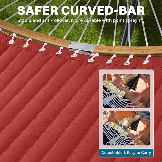 SUPERJARE Hammock with Stand, 2 Person Heavy Duty Hammock with Padded Cotton, Detachable Pillow & Strong Curved-Bar & Portable Carrying Bag, Perfect for Outdoor & Indoor, Burgundy