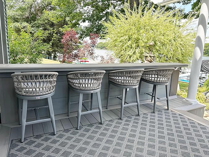 PURPLE LEAF Outdoor Rattan 29" Bar Stools Set of 2, Modern Boho Aluminum Patio Bar Height Chair with Cushion and Back for Garden Outdoor and Indoor, Light Grey