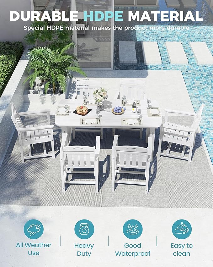 Ciokea HDPE Outdoor Dining Table with Umbrella Hole,66" Rectangle Patio Table for 6,All-Weather Outdoor Patio Furniture Set for Garden Backyard,White