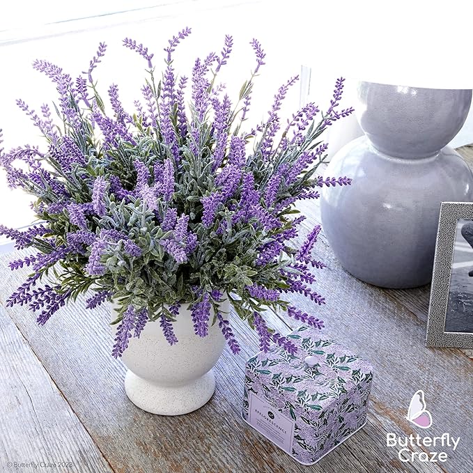 Butterfly Craze Lavender Artificial Flower Stems - UV-Protected Outdoor Artificial Plants - Plastic Flowers for Outdoors - Floral Picks for Weddings & Centerpieces - 4 Pack, 14.5"-16.5"