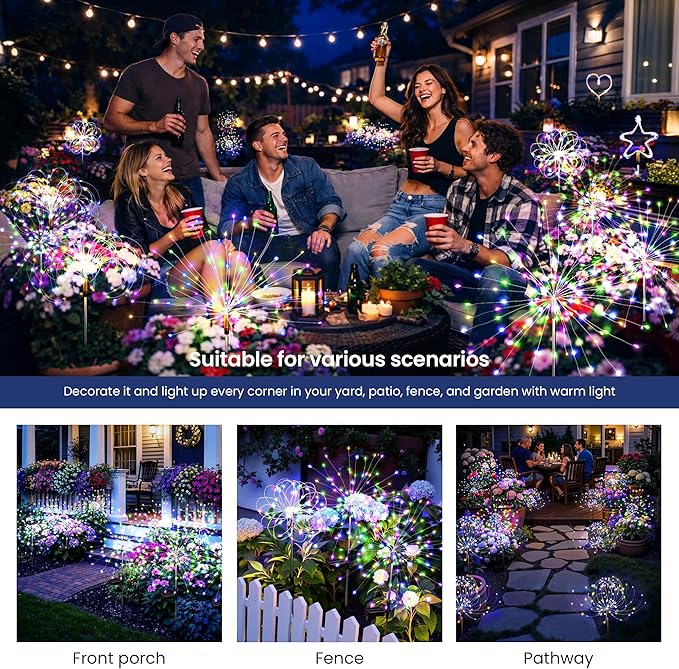 Solar Lights Outdoor, 120LED 4pack Fairy Garden Lights Decor for Outside Fireworks Lights Solar Powered for Yard, Patio, Pathway, Walkway, Balcony,Multicolor