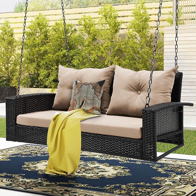 DWVO Wicker Hanging Porch Swing Chair Outdoor Brown Rattan Patio Swing Lounge w/ 2 Back Cushions Capacity 530lbs for Garden, Balcony, Living Room, Beige