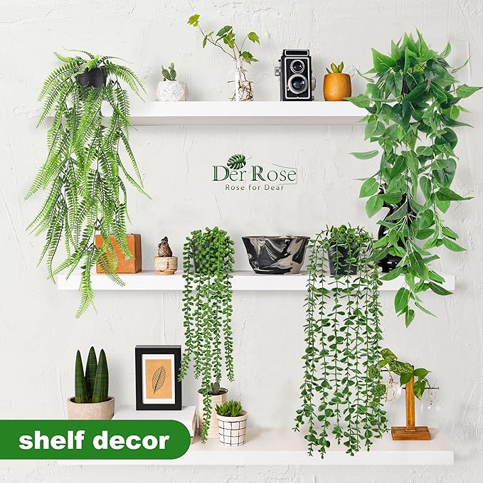 Der Rose 4Pcs Fake Plants Hanging Artificial Ivy Vine Faux Eucalyptus Hanging Plants, Boston Fern, String of Pearls for Living Room Bedroom Boho Wall Shelf Indoor Outdoor Decor