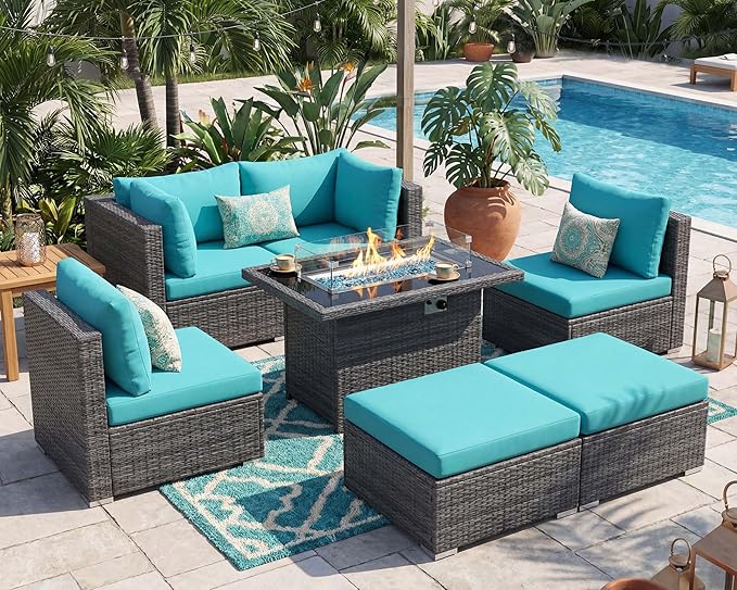 NICESOUL 29.3'' High-Back Outdoor Patio Furniture Set with Firepit Propane & Natural Gas, Oversized Deep Seat Rattan Conversations for Tall People, 7 Piece Couches, 2 Color Cushions Turquoise & Grey