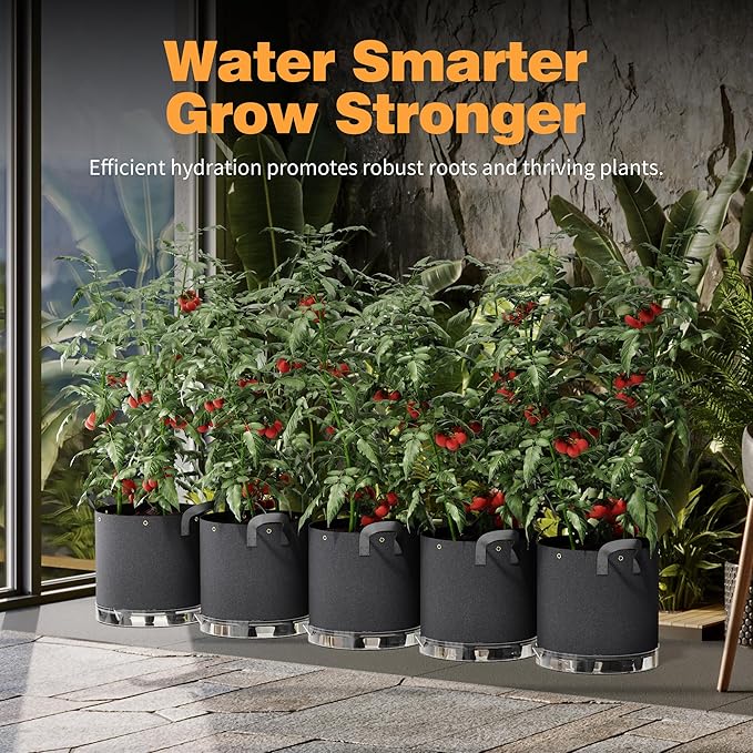 Self-Watering Grow Bags, 5-Pack 5 Gallon 420G Thick Nonwoven Fabric Pots with Reinforced Handles and Multi-Purpose Rings, for Low Stress Plant Training Fruits, Vegetables,and Flowers