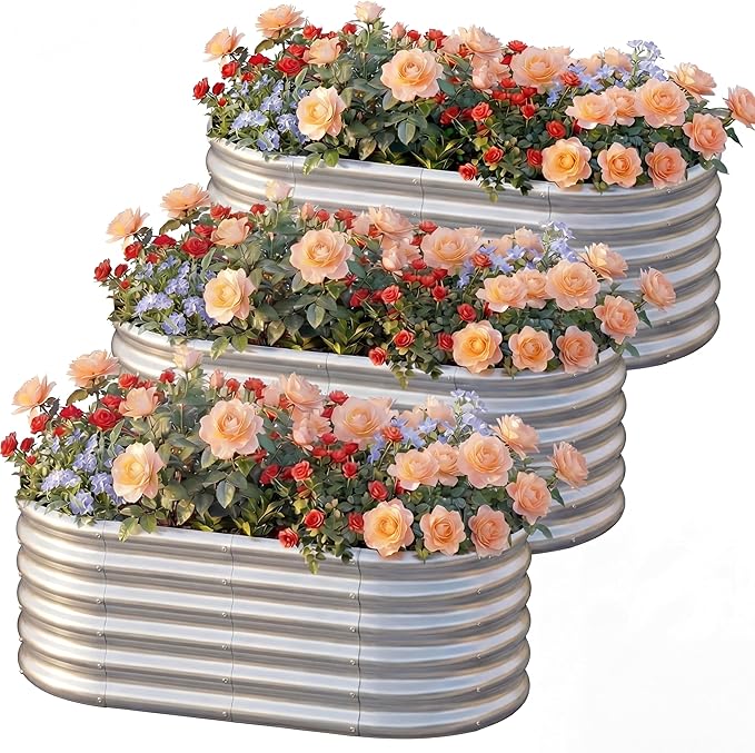 AHEONLAR 3 Pack 4×2×1.5ft Galvanized Raised Garden Beds Outdoor, Sturdy Planter Boxes for Vegetables, Fruits, Flowers and Plants, Easy Assembly, Silver