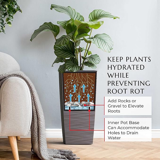 Mueller Janska M-Resin Heavy Duty Tall Planter, Indoor/Outdoor Grande Plant, Tree, Flower Pot, 2-Piece Set, 18”, Modern Design, Built-in Drainage, Mocha