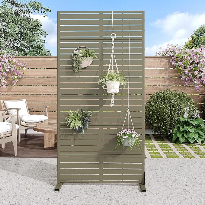 Casaphoria Metal Privacy Screen Outdoor, 72" H x 35" W Freestanding Decorative Privacy Screen for Patio Deck Balcony Garden with Stable Base, Green-Louvered