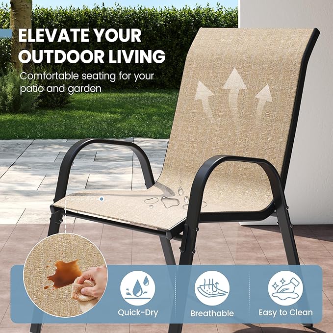 Patio Dining Chair Set of 6, Outdoor Stackable Dining Chairs High Back for All Weather, Patio Furniture for Backyard, Porch, Garden, Pool Deck (Brown)