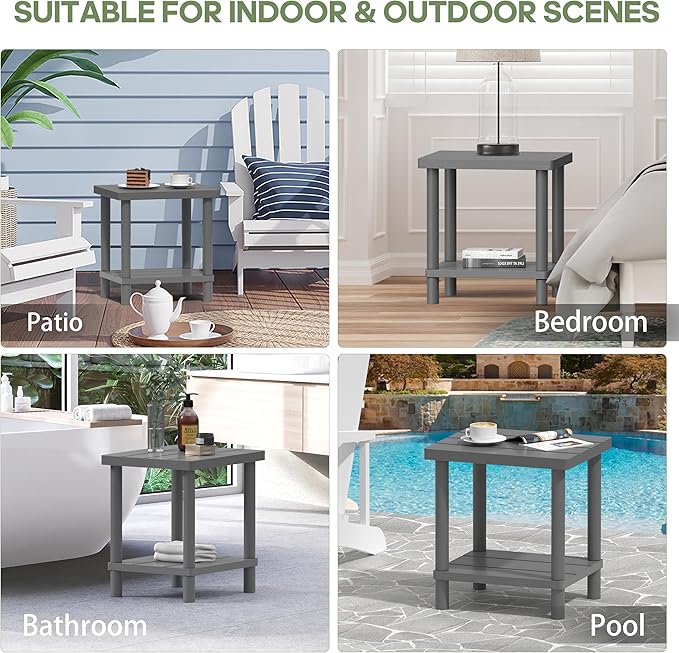 Outdoor Side Table, 2-Tier Small Outdoor Table for Patio, Adirondack Side Tables for Outside or Indoor, Bamboo End Table for Pool, Porch, Weather Resistant Easy Maintenance-Gray